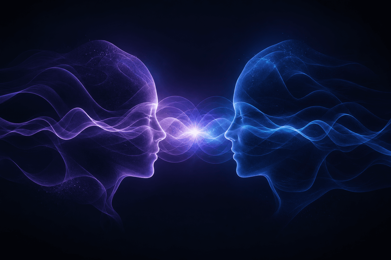 Two human profiles connected by luminous waves of shared meaning