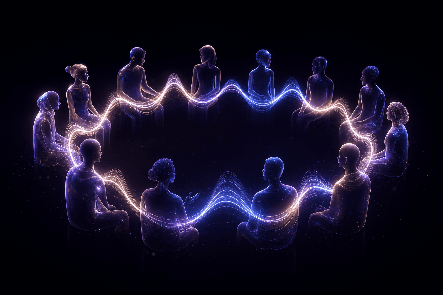 People connected in a circle by one continuous luminous conversation