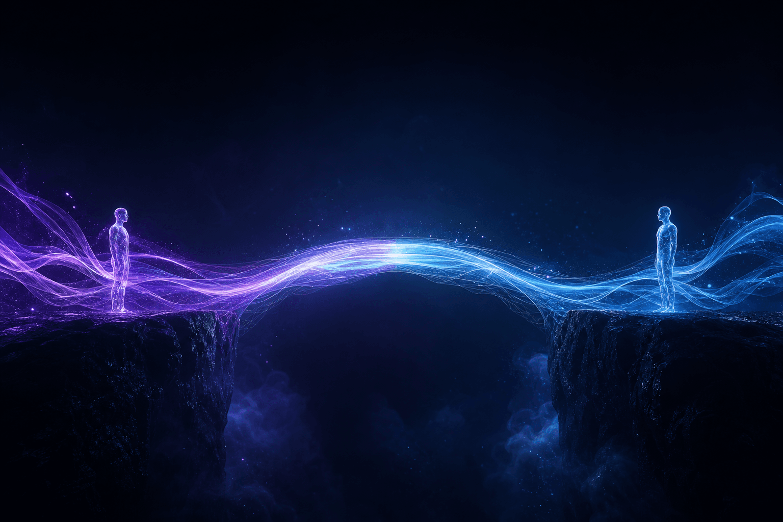 Two people connected across a distance by a bridge of light and sound
