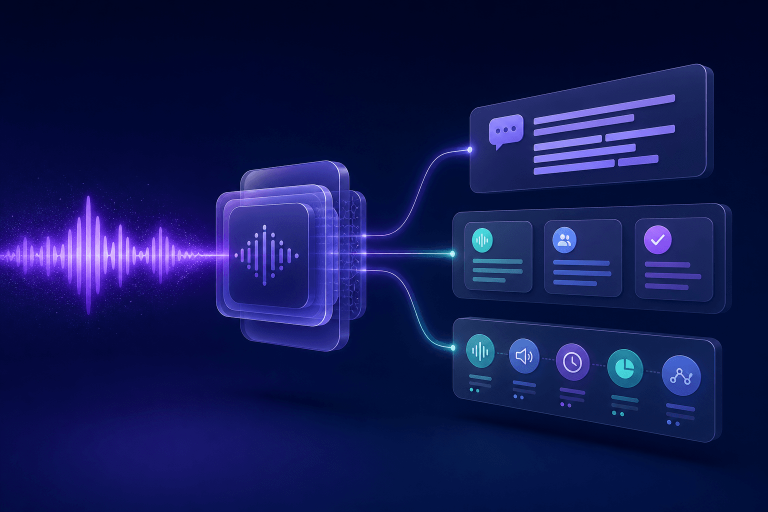 An audio waveform is transformed by a speech AI workflow into transcript and structured insight panels