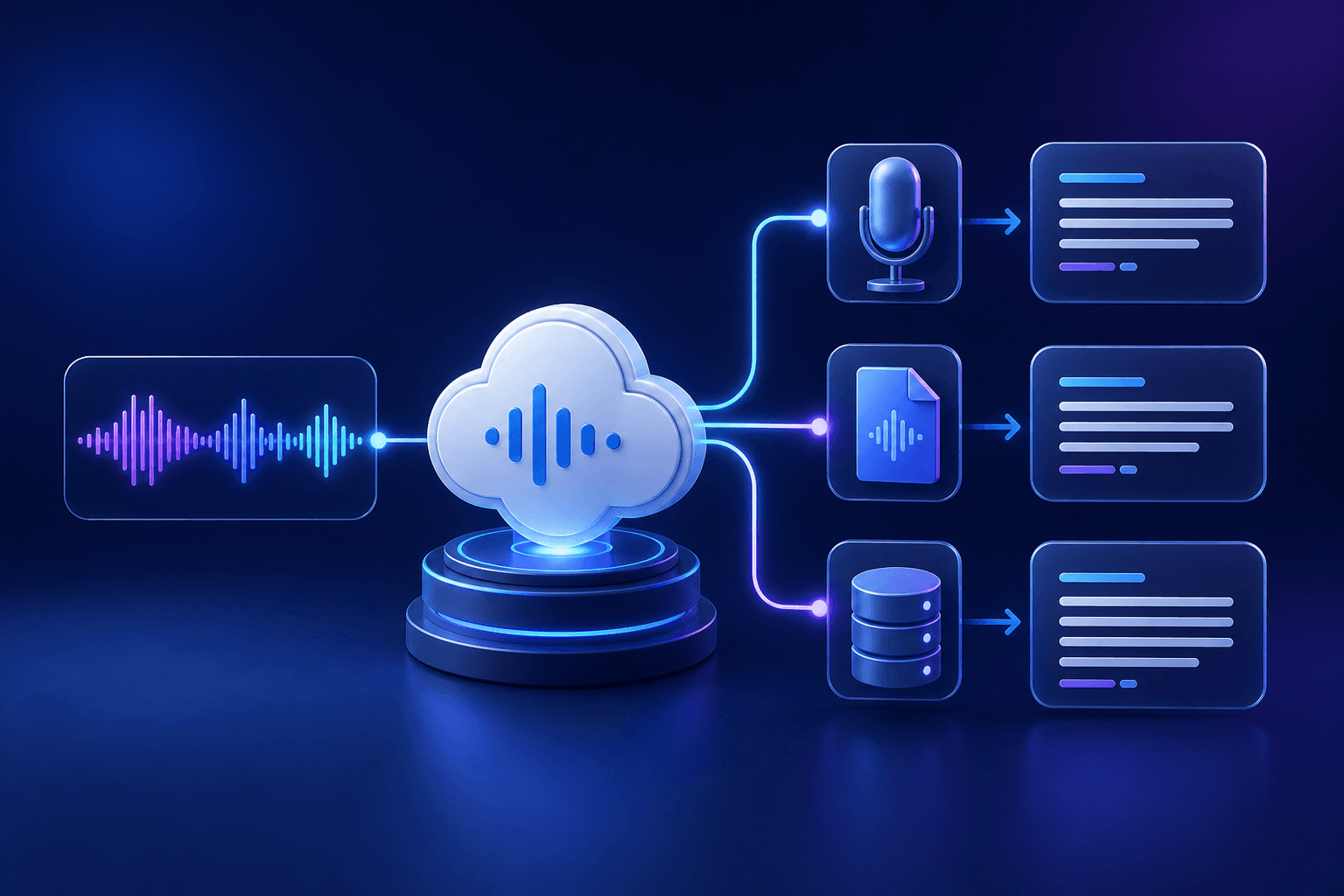 An audio waveform enters a cloud speech hub and branches into live, file, and batch transcript workflows