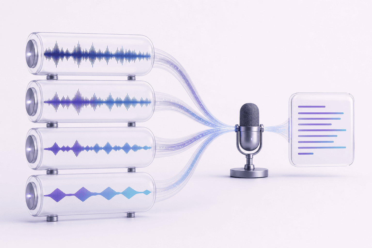Audio waveforms with different levels of detail converging into speech recognition