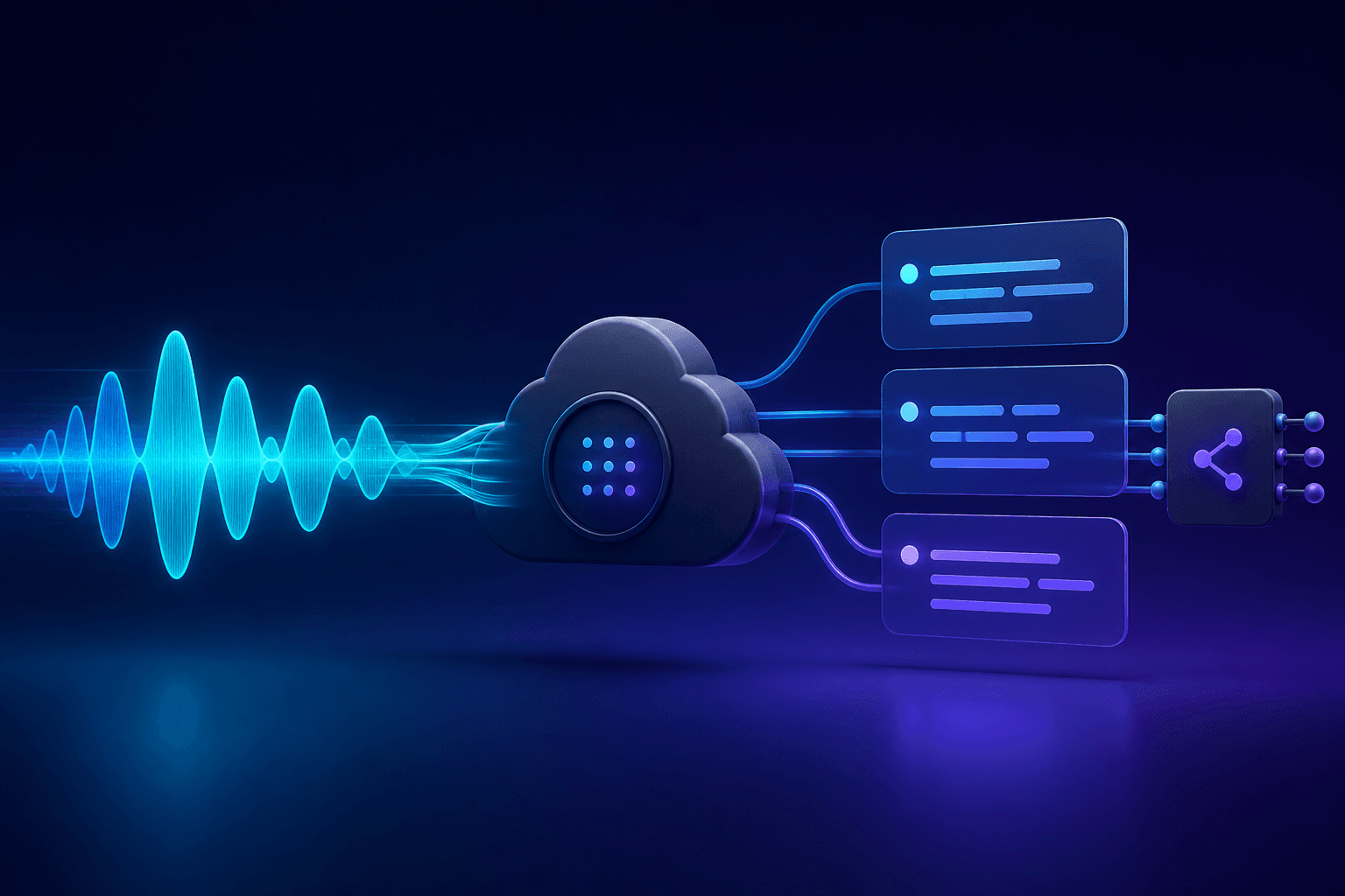 A streaming audio waveform flows through an API processing node into structured transcript data