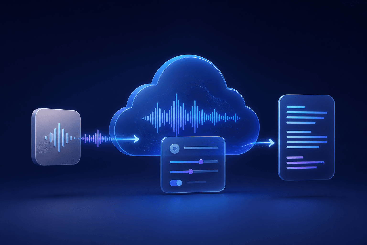 An application sends an audio waveform through a cloud recognizer configuration into a transcript