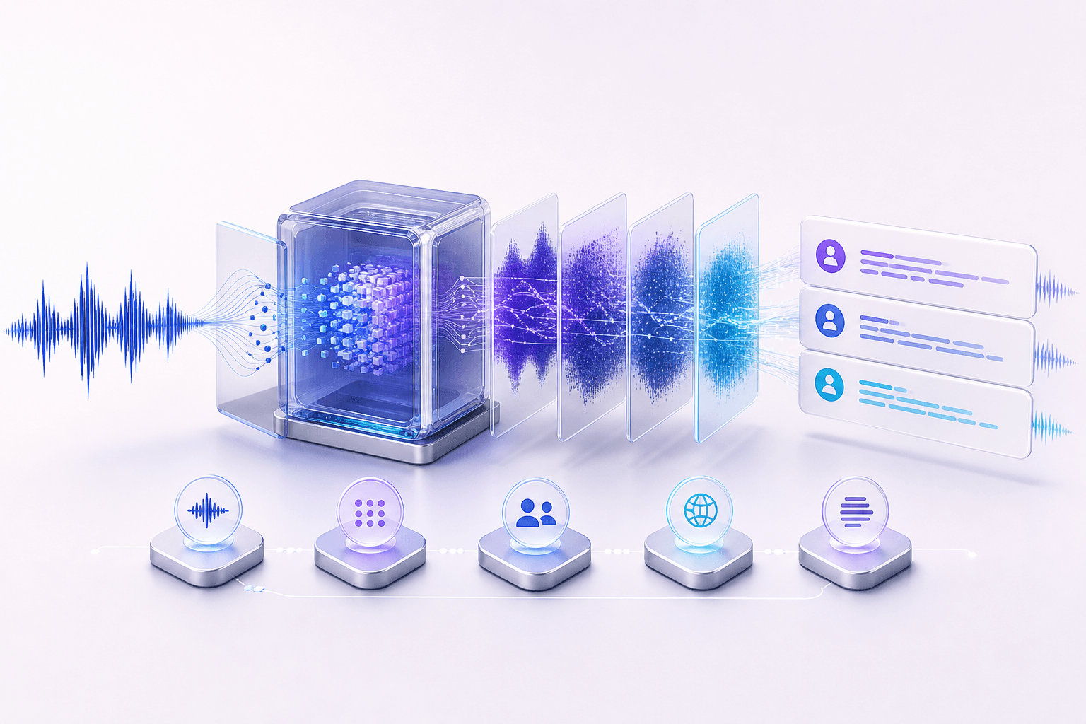An audio waveform passing through layered AI processing stages into separated speaker transcripts