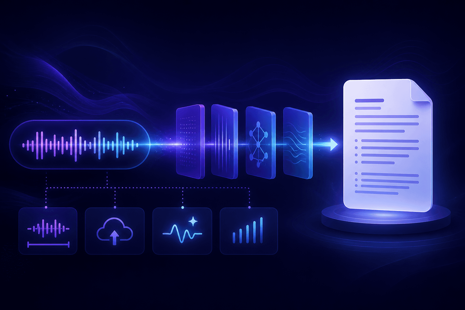 An audio waveform moving through processing stages into a completed transcript