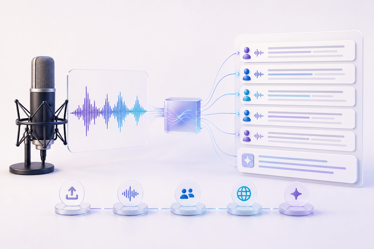 A microphone waveform flowing into speaker-labeled transcript cards