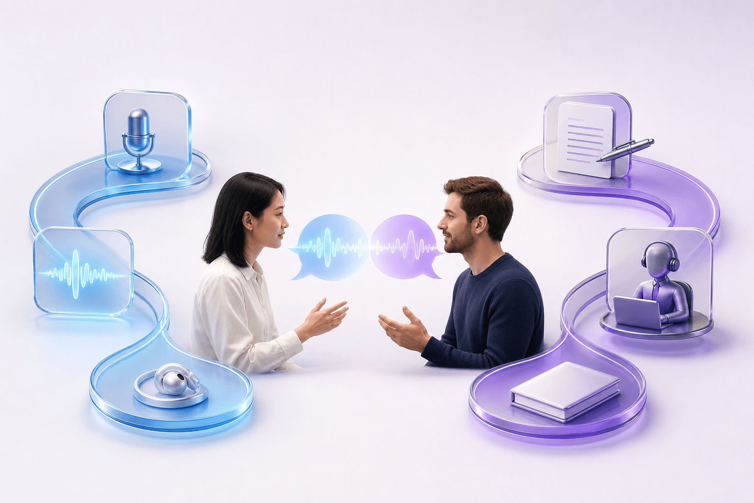 Two people conversing through real-time speech translation alongside traditional interpretation tools