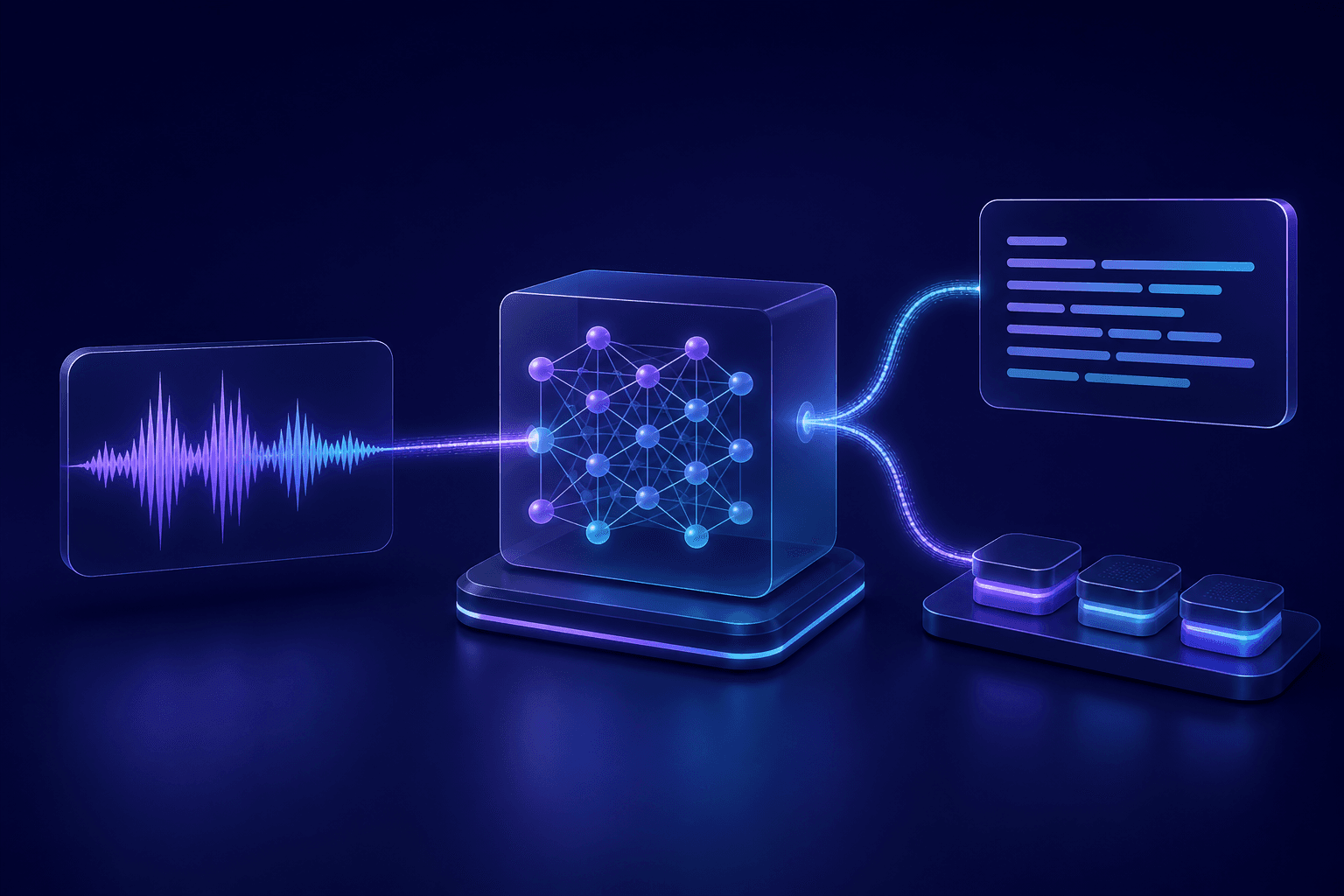 An audio waveform enters an abstract AI inference model and becomes a text transcript